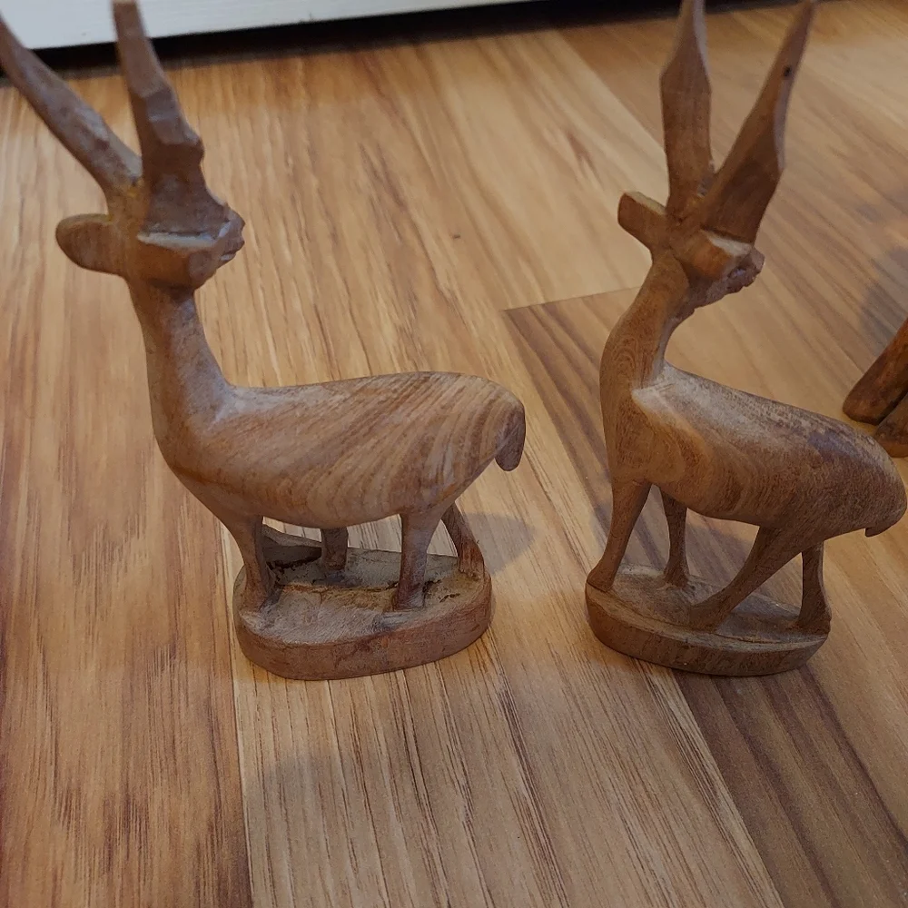Vintage Hand Carved Wooden Gazelle And Giraffe Figurines African Animal Set Of 3 - Picture 9 of 13